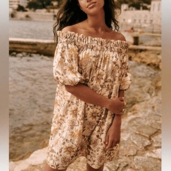 Sezane Dresses & Skirts - Sezane Rosita Dress in Miranda 40 US 8 Gold Floral Silk Metallic Off Shoulder